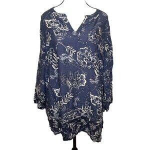 Charter Club Womens BLUE WHITE Floral Rayon 3/4 Sleeve V Neck Blouse Top Sz XL